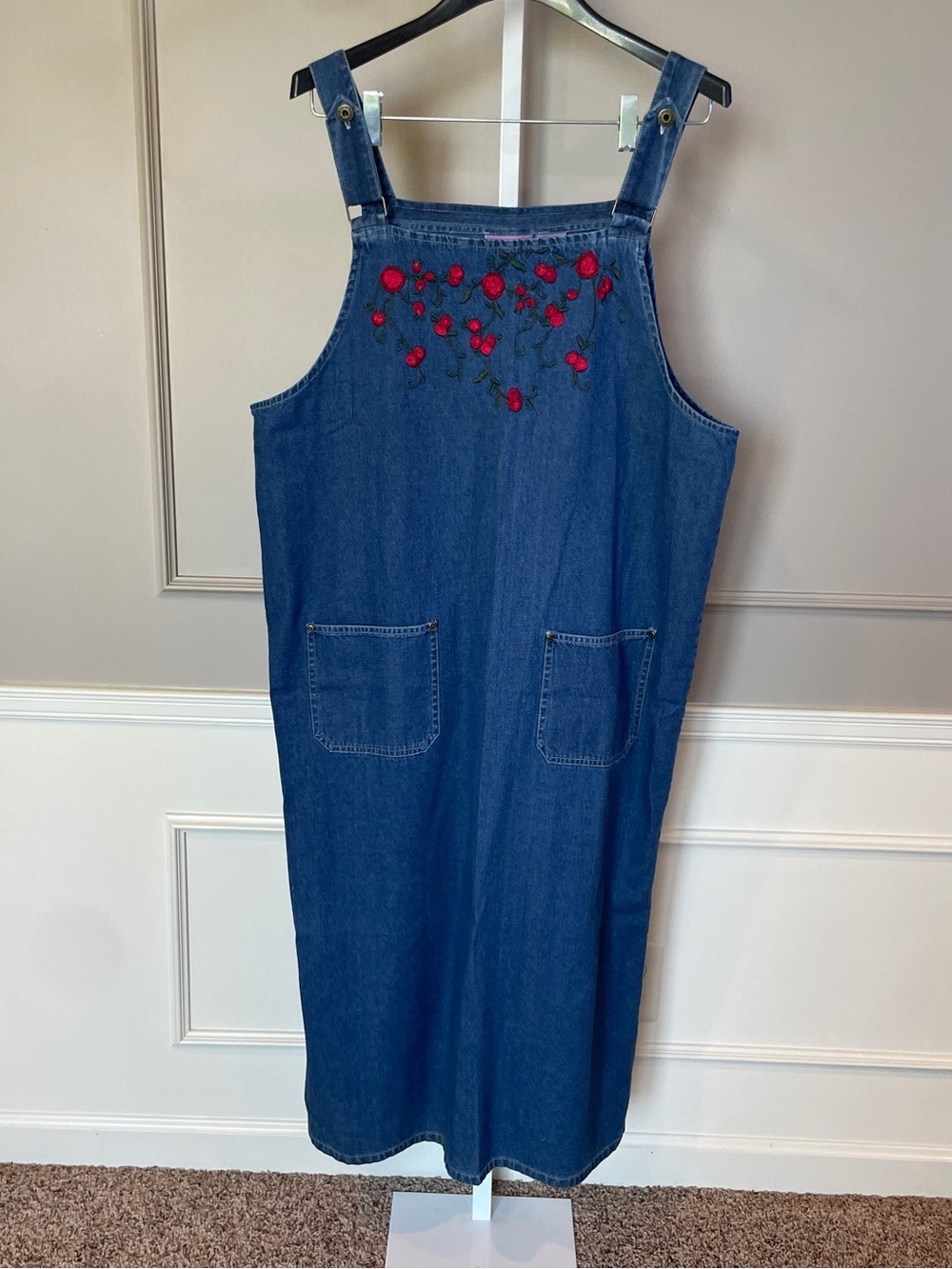 Vintage Premier International Denim Jean Jumper Dress 2X Embroidered Flower